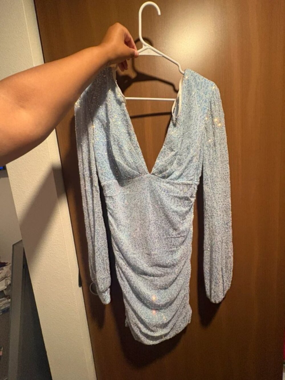 Windsor Light Blue Iridescent Sequin Ruched Mini Dress | Size M